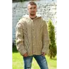 Cable Hand Knitted High Quality 100 % Pure Wool Hooded Cardigan Light Beige color