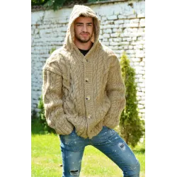 Cable Hand Knitted High Quality 100 % Pure Wool Hooded Cardigan Light Beige color