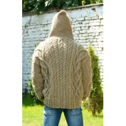 Cable Hand Knitted High Quality 100 % Pure Wool Hooded Cardigan Light Beige color