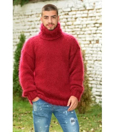 Plane design Red Hand Knitted Mohair Turtleneck Sweater