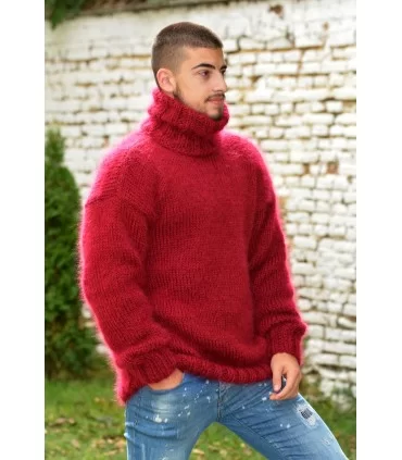 Plane design Red Hand Knitted Mohair Turtleneck Sweater