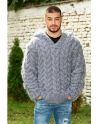 Hand Knitted Fuzzy Mohair Cable Hooded Sweater grey color Pullover