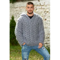 Hand Knitted Fuzzy Mohair Cable Hooded  Sweater grey color Pullover
