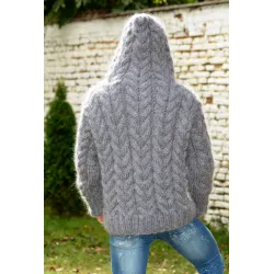 Hand Knitted Fuzzy Mohair Cable Hooded  Sweater grey color Pullover