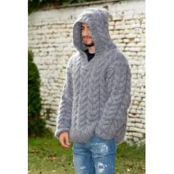 Hand Knitted Fuzzy Mohair Cable Hooded  Sweater grey color Pullover