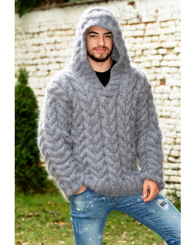 Hand Knitted Fuzzy Mohair Cable Hooded  Sweater grey color Pullover