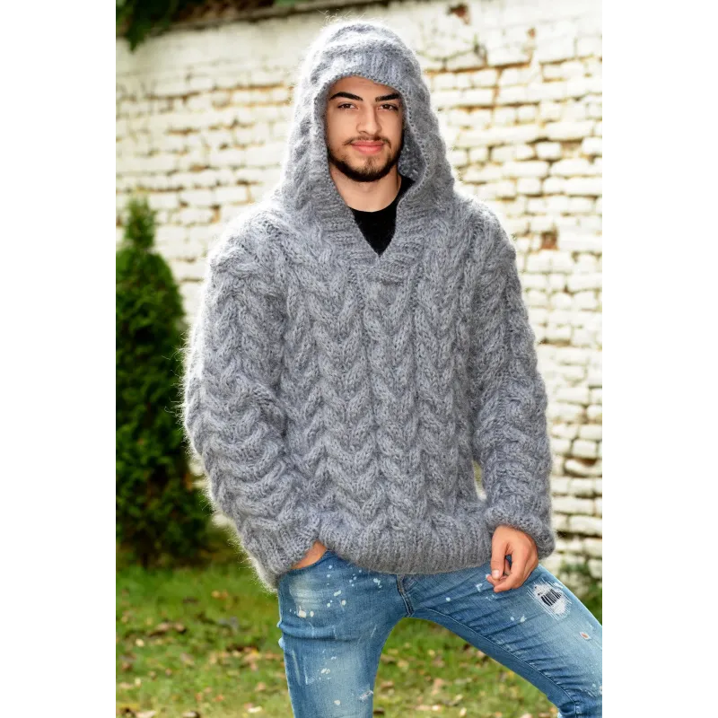 Hand Knitted Fuzzy Mohair Cable Hooded Sweater grey color Pullover Hand Knitted Fuzzy Mohair Cable Hooded Sweater grey color Pullover