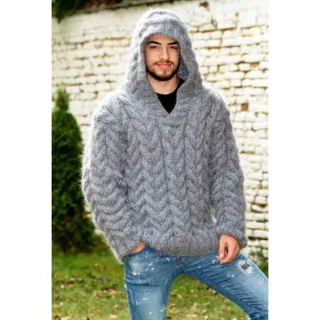 Hand Knitted Fuzzy Mohair Cable Hooded  Sweater grey color Pullover
