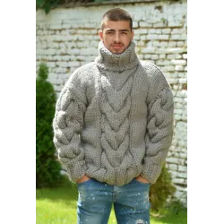 Light Gray Cable Hand Knitted Chunky 100 % Pure Wool Turtleneck Sweater