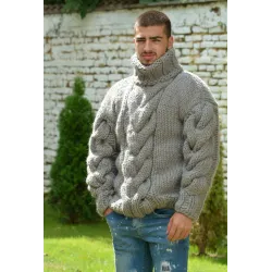 Light Gray Cable Hand Knitted Chunky 100 % Pure Wool Turtleneck Sweater