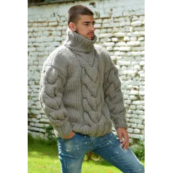 Light Gray Cable Hand Knitted Chunky 100 % Pure Wool Turtleneck Sweater