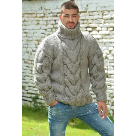 Light Gray Cable Hand Knitted Chunky 100 % Pure Wool Turtleneck Sweater