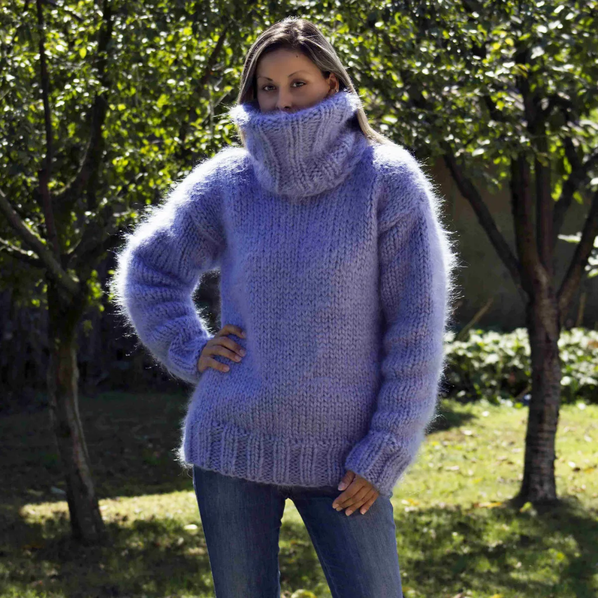 Hand Knit Mohair Sweater Light Lilac Fuzzy Turtleneck 7 strands Hand Knit Mohair Sweater Light Lilac Fuzzy Turtleneck 7 strands