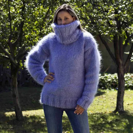 Hand Knit Mohair Sweater Light Lilac Fuzzy Turtleneck 7 strands