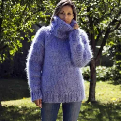 Hand Knit Mohair Sweater Light Lilac Fuzzy Turtleneck 7 strands