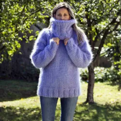 Hand Knit Mohair Sweater Light Lilac Fuzzy Turtleneck 7 strands