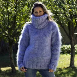 Hand Knit Mohair Sweater Light Lilac Fuzzy Turtleneck 7 strands