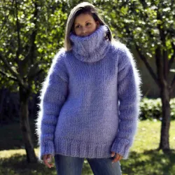 Hand Knit Mohair Sweater Light Lilac Fuzzy Turtleneck 7 strands